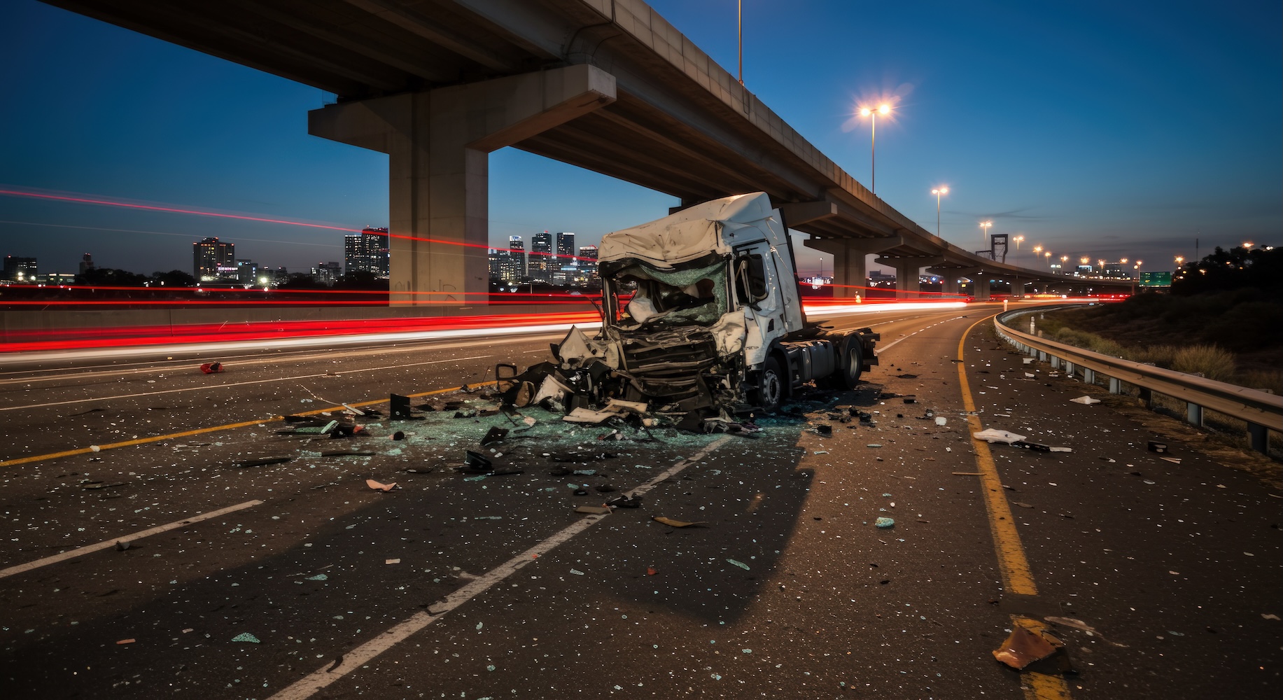 Damaged truck on highway after accident